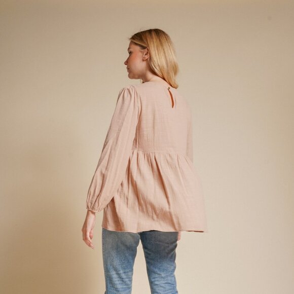 HEM & THREAD Tan Embroidered Peasant Blouse, Boho Floral Long Sleeve Top, Flowy - Picture 4 of 7